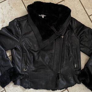 JENNIFER LOPEZ WOMAN BLACK FAUX SUEDE  LEATHER JACKET, FAUX FUR MOTO Size XL